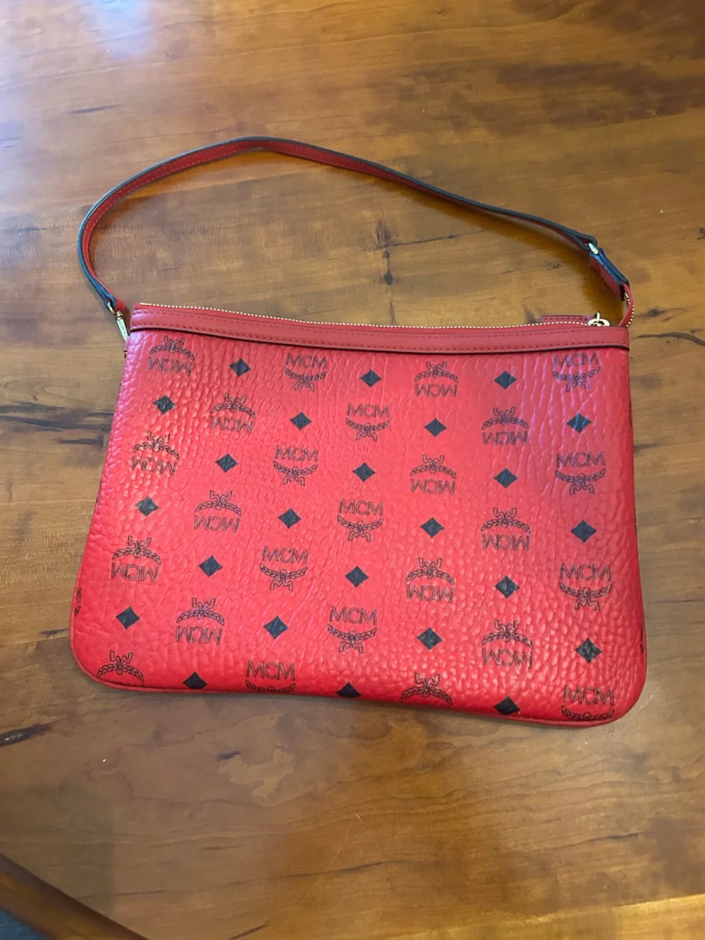 MCM Red Leather Monogram Shoulder Pouch